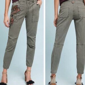 Anthropologie Khaki Embroidered Cropped Jeans